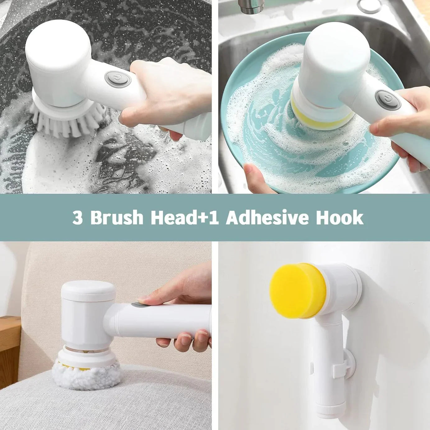 Electric Cleaning Brush, Cordless Handheld Shower Washer with 3 Interchangeable Brush Heads